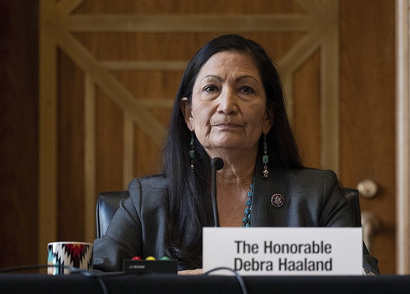 FILE - In this Tuesday, Feb. 23, 2021, file photo, Rep. Deb Haaland, D-N.M., listens during the Senate Committee on Energy and Natural Resources hearing on her nomination to be Interior secretary, on Capitol Hill in Washington. (Jim Watson/Pool Photo via AP, File)


