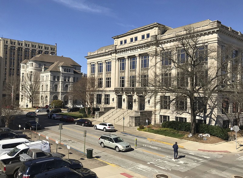 In this view looking west on East 11th Street, from left, the Hotel Patten, U.S. Bankruptcy Court and the the Chattanooga City Hall can bee seen on February 13, 2019.  / Staff photo by Robin Rudd