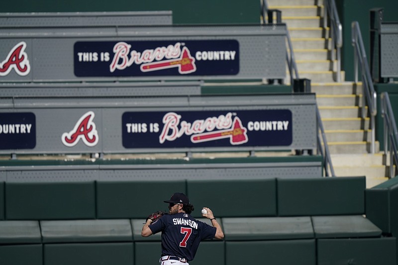 Atlanta Braves' Dansby Swanson sets back to throw during spring training baseball practice on Saturday, Feb. 27, 2021, in North Port, Fla. (AP Photo/Brynn Anderson)


