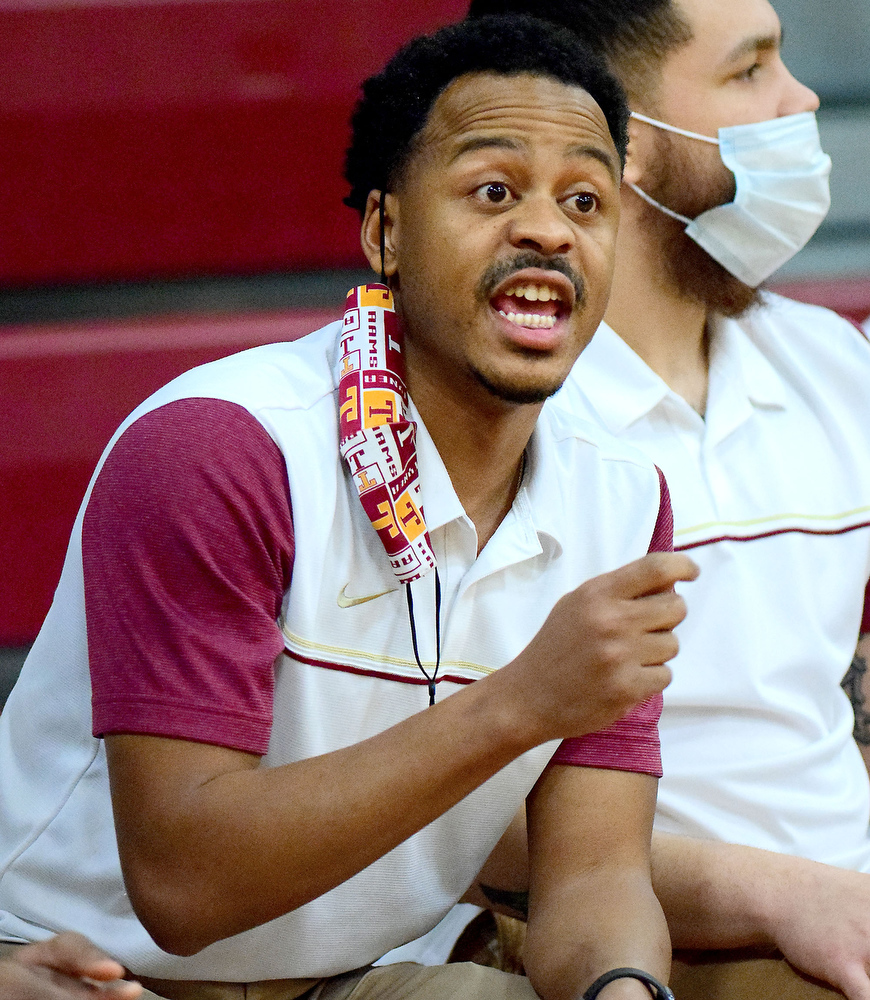 Staff Photo by Robin Rudd / Tyner head coach E'Jay Ward directs the Rams. The Tyner Rams hosted the Red Bank Lions in the boy's TSSAA Region 3-AA Tournament Semifinals on March 2, 2021.
