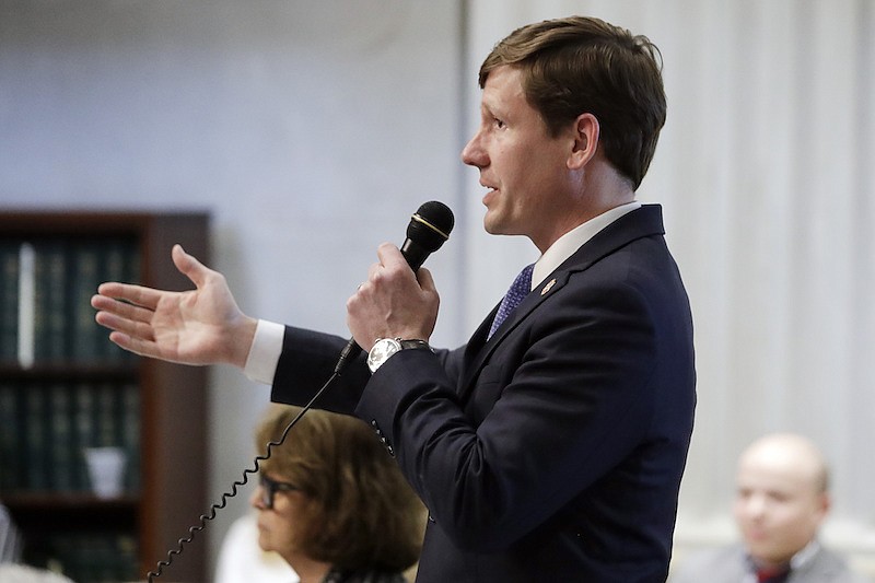 Sen. Brian Kelsey, R-Germantown, speaks during a debate on school voucher legislation Wednesday, May 1, 2019, in Nashville, Tenn. The GOP-supermajority House and Senate passed a negotiated version of the bill that would increase the amount of public dollars that can pay for private tuition and other expenses. (AP Photo/Mark Humphrey)