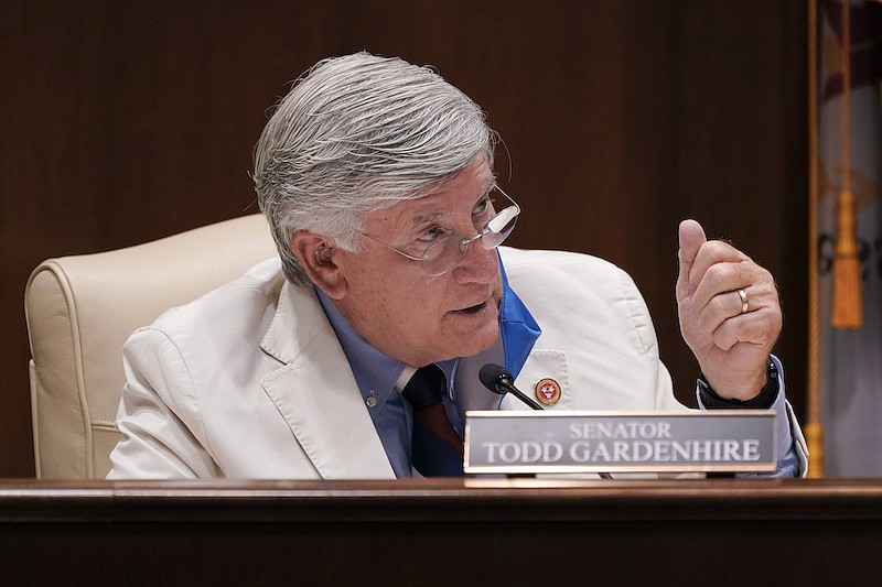Sen. Todd Gardenhire, R-Chattanooga, asks a question during a meeting of the Senate Judiciary Committee, Tuesday, Aug. 11, 2020, in Nashville, Tenn. The special session was called by Tennessee Gov. Bill Lee to pass liability reforms to protect businesses from lawsuits prompted by reopening after the coronavirus quarantine. (AP Photo/Mark Humphrey)