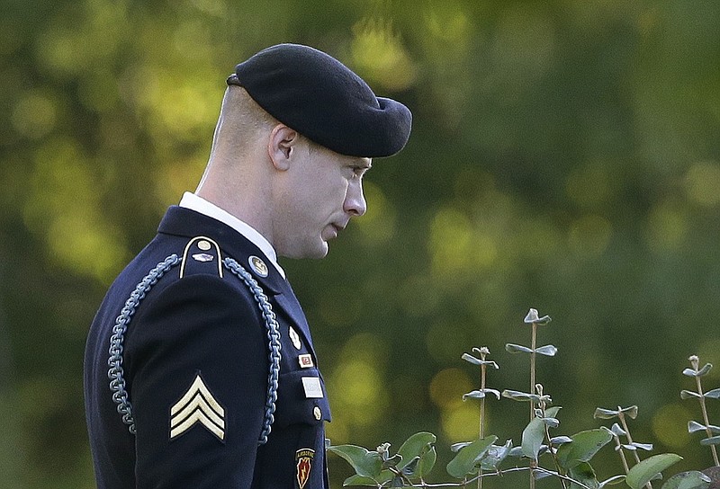 FILE - In this Nov. 3, 2017, file photo, Army Sgt. Bowe Bergdahl leaves the Fort Bragg courtroom facility during deliberations at a sentencing hearing in Fort Bragg, N.C. Bergdahl, who was court martialed after he left his post and was captured by the Taliban is asking a federal judge to overturn his military conviction, saying his trial was unduly influenced when former President Donald Trump repeatedly made disparaging comments about him and called for his execution. (AP Photo/Gerry Broome, File)