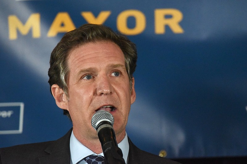 Staff Photo by Matt Hamilton / Mayoral candidate Tim Kelly speaks to supporters and members of the media at the Chattanooga Brewing Company in Chattanooga on Tuesday.