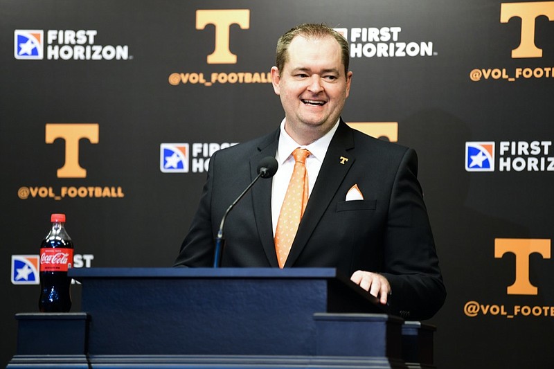 New Tennessee NCAA college football head coach Josh Heupel speaks during an introductory press conference at Neyland Stadium in Knoxville, Tenn., Wednesday, Jan. 27, 2021. (Caitie McLekin/Knoxville News Sentinel via AP, Pool)