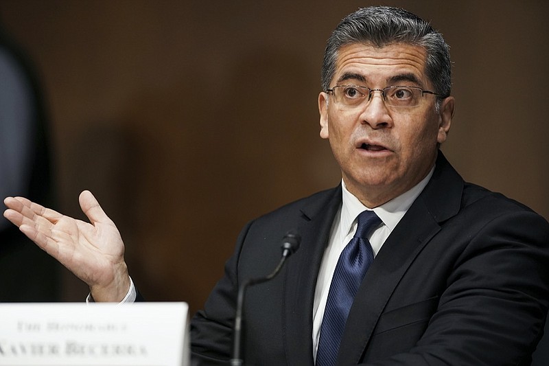 In this feb. 24, 2021, photo, Xavier Becerra testifies during a Senate Finance Committee hearing on his nomination to be secretary of Health and Human Services on Capitol Hill in Washington. President Joe Biden's pick for health secretary is taking heat for his defense of abortion rights from a tag team of Republicans looking to define him —and the new administration— as out of the mainstream. (Greg Nash/Pool via AP)