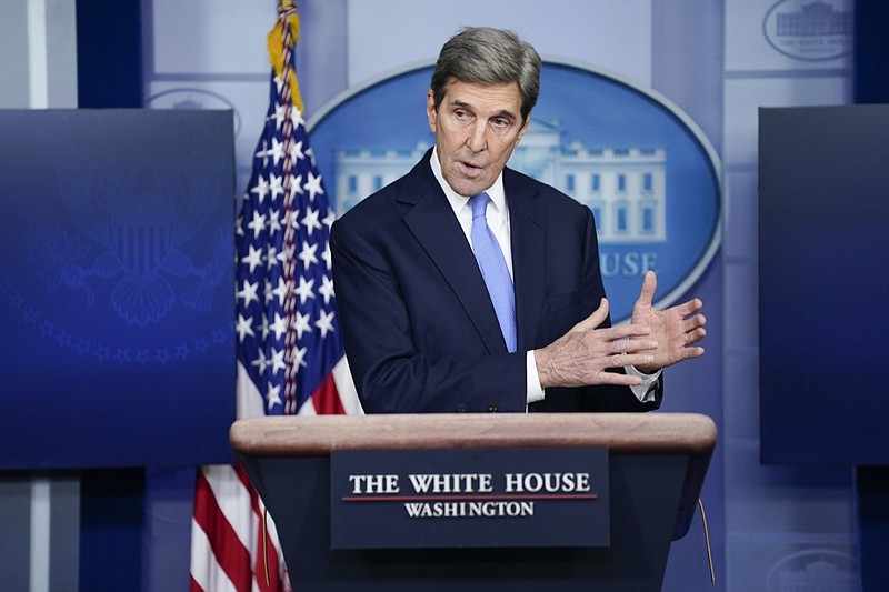 FILE - In this Jan. 27, 2021, file photo, Special Presidential Envoy for Climate John Kerry speaks during a press briefing at the White House in Washington. The world's hopes for curbing climate change hinge on action by two giant nations whose relations are deteriorating. China and the United States both say they are intent on retooling their economies to burn less climate-wrecking coal, oil and gas. But tensions between them threaten their ultimate success (AP Photo/Evan Vucci, File)