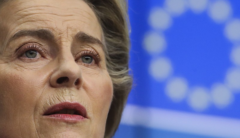 FILE - In this Thursday, Feb. 25, 2021 file photo, European Commission President Ursula von der Leyen speaks during a media conference in Brussels. In a sign of goodwill to rebuild trans-Atlantic relations, the European Union and the United States have decided to suspend tariffs used in the longstanding Airbus-Boeing dispute for a four-month period, EU Commission President Ursula von der Leyen said on Friday, March 5, 2021 after a remote conversation with U.S. President Joe Biden. (Olivier Hoslet, Pool via AP, Pool)