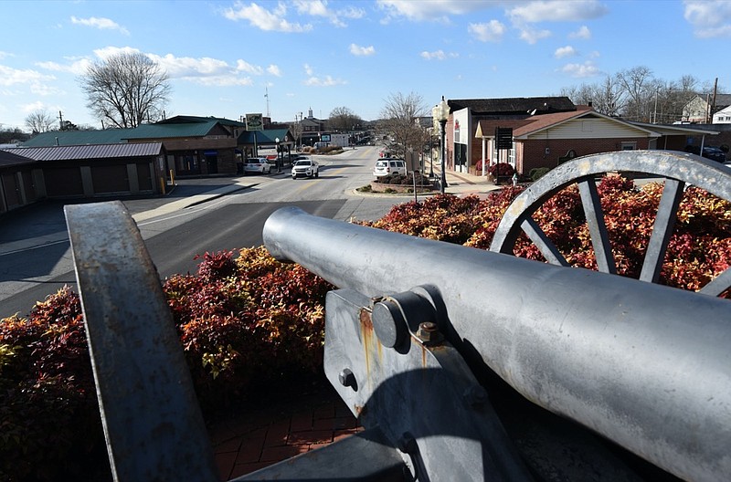Staff Photo by Matt Hamilton / A cannon at the Ringgold Depot overlooks downtown Ringgold on Jan. 5, 2021.
