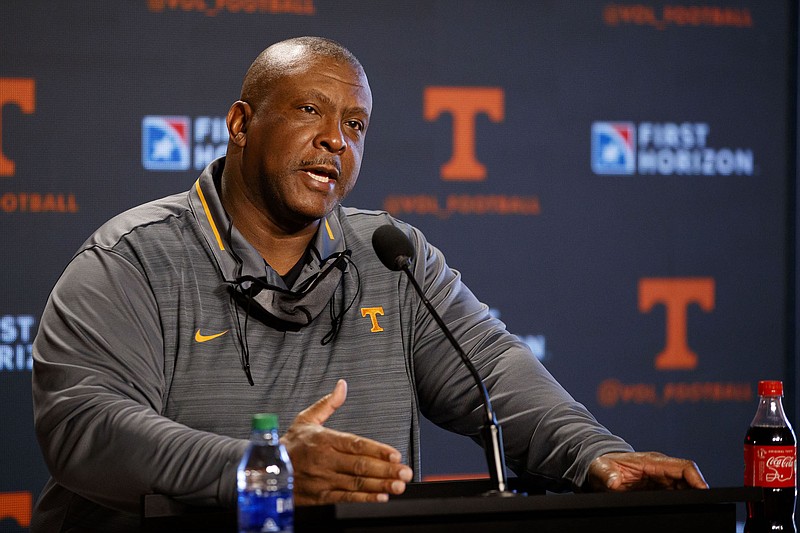 Defensive line coach Rodney Garner of the Tennessee Volunteers speaks during a news conference in the Ray and Lucy Hand Digital Studio in Knoxville. Photo By Caleb Jones/Tennessee Athletics