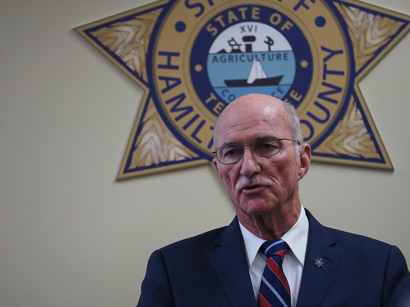 Sheriff Jim Hammond speaks during a press conference at the Hamilton County Sheriff's Office in the Hamilton County-Chattanooga Courts Building on Monday, March 8, 2021. / Staff photo by C.B. Schmelter