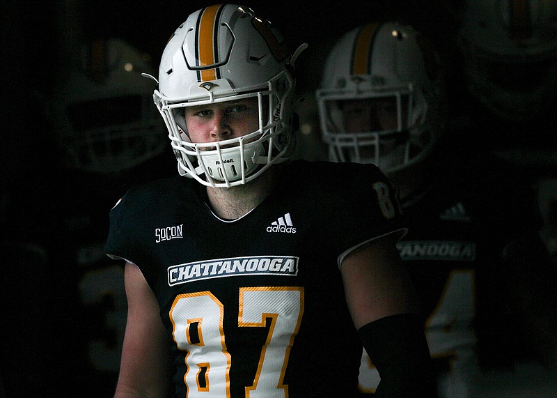 Staff photo by Troy Stolt / UTC sophomore tight end Jay Gibson scored the team's first touchdown of the spring semester schedule last month against Wofford, and he also caught the 2-conversion pass as the Mocs won in overtime last Saturday at The Citadel.