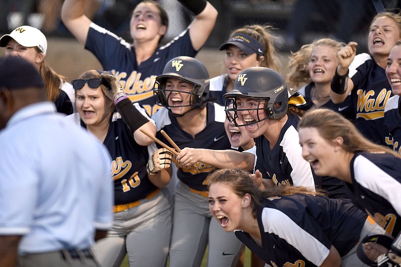 Staff photo by Robin Rudd / Walker Valley softball players celebrate as they wait for Riley Suits to cross the plate after hitting a home run during a TSSAA District 5-AAA softball tournament game at Soddy-Daisy on May 6, 2019. Tennessee's high school softball season was called off last year due to the coronavirus outbreak, but teams can return to the field for games starting Monday.