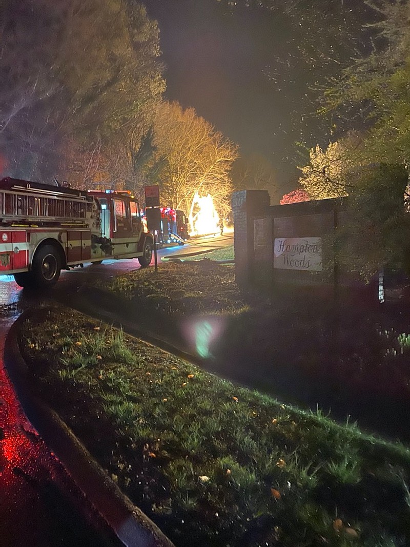 A natural gas fire burns in the Hampton Woods Drive subdivision early Tuesday morning following a lightning strike. / Photo courtesy Chattanooga Fire Department