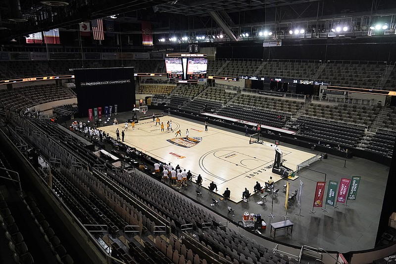 Oakland and Cleveland State play at Farmers Coliseum during the second half of an NCAA college basketball game in the men's Horizon League conference tournament championship game, Tuesday, March 9, 2021, in Indianapolis. The coliseum is one of six venues hosting NCAA Tournament games later this week.(AP Photo/Darron Cummings)