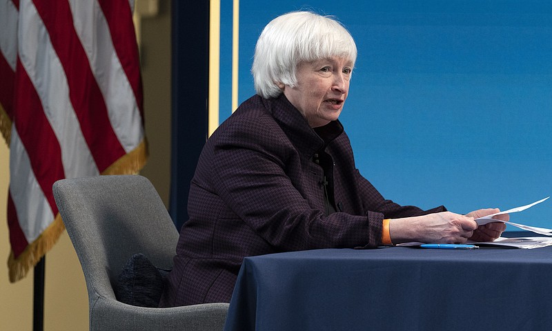 FILE - In this Feb. 5, 2021 file photo, Treasury Secretary Janet Yellen speaks during a virtual roundtable with participants from Black Chambers of Commerce across the country to discuss the American Rescue Plan in Washington. Yellen and Federal Reserve Chairman Jerome Powell say more needs to be done to limit the damage from the coronavirus pandemic and promote a full economic recovery. The two officials struck upbeat notes on the future of the economy in their prepared testimony Tuesday, March 23, before the House Financial Services Committee while cautioning that the economy still needs help. (AP Photo/Jacquelyn Martin, File)