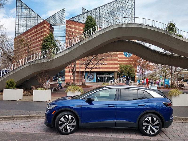 Staff photo by Mike Pare / Volkswagen's ID.4 electric SUV, shown sitting outside the Tennessee Aquarium, will be built at the company's Chattanooga assembly plant in 2022.