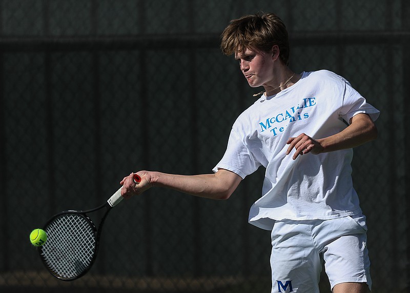 Staff photo by Troy Stolt / McCallie's Andreas Sillaste returns the ball during Wednesday's home match against Baylor. McCallie beat the Red Raiders 7-0.