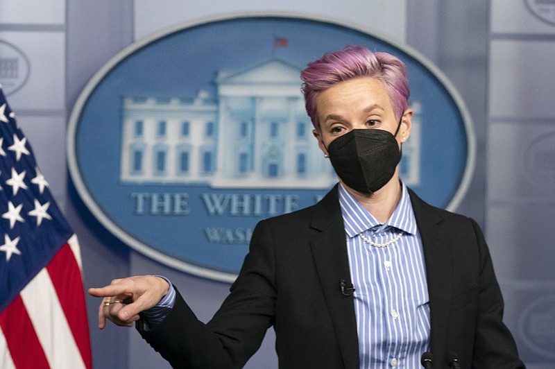 U.S. Soccer Women's National Team member Megan Rapinoe visits the White House briefing room before an event to mark Equal Pay Day, Wednesday, March 24, 2021, in Washington. (AP Photo/Manuel Balce Ceneta)


