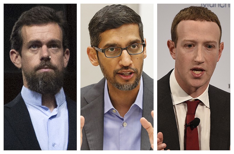 This combination of 2018-2020 photos shows, from left, Twitter CEO Jack Dorsey, Google CEO Sundar Pichai, and Facebook CEO Mark Zuckerberg. The CEOs of social media giants Facebook, Twitter and Google face a new grilling by Congress, Thursday, March 25, 2021, one focused on their efforts to prevent their platforms from spreading falsehoods and inciting violence. (AP Photo/Jose Luis Magana, LM Otero, Jens Meyer)