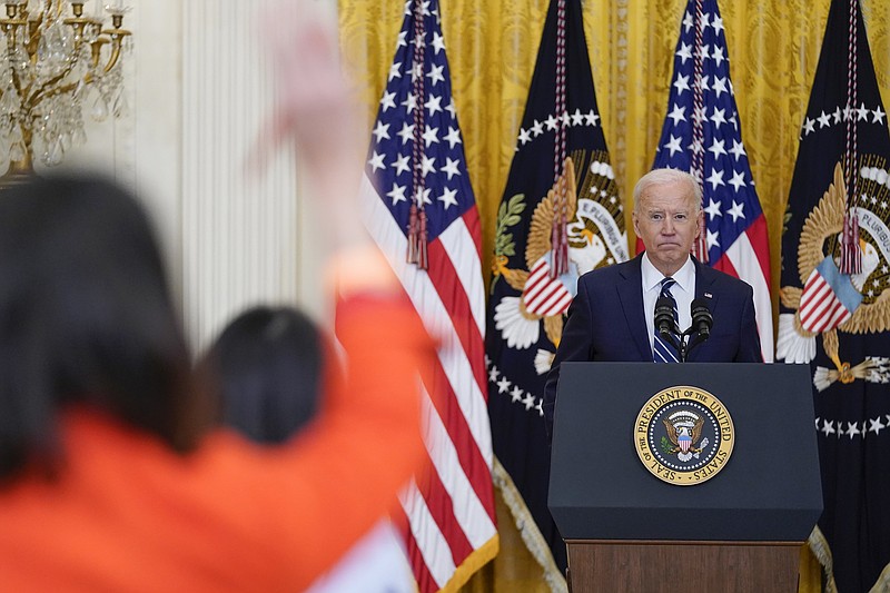 Associated Press photo by Evan Vucci / President Joe Biden speaks during a news conference in the East Room of the White House, Thursday.