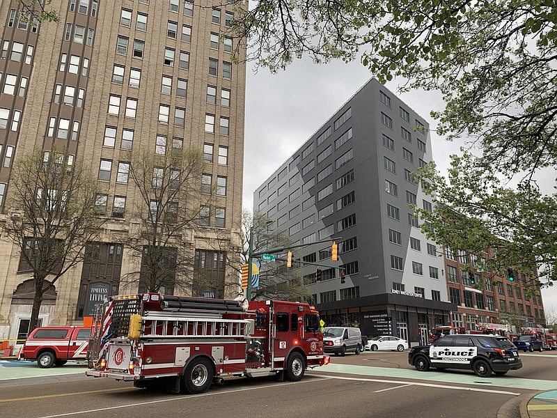 Photo by Matt Hamilton/Chattanooga Times Free Press / A seventh-floor fire at Patten Towers in downtown Chattanooga forced the evacuation of residents Saturday morning.