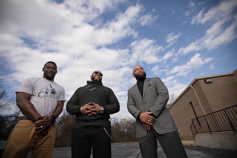 Staff photo by Troy Stolt / JaMichael Caldwell, Joe Jenkins, and Tony Oliver pose for a portrait outside of Orchard Park SDA church on Tuesday, Feb. 9, 2021, in Chattanooga, Tenn. All three men were once incarcerated, and have since gone on to start their own successful businesses.