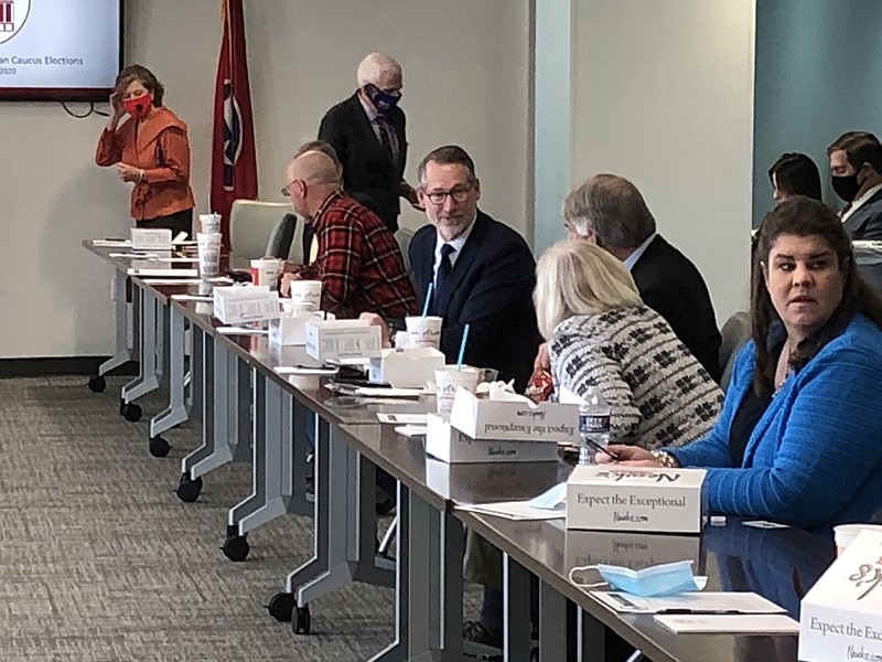 State Sen. Bo Watson, R-Hixson, fourth from left, speaks with colleagues in Nov. 19, 2020, GOP Caucus meeting in Nashville. (Andy Sher/Times Free Press)