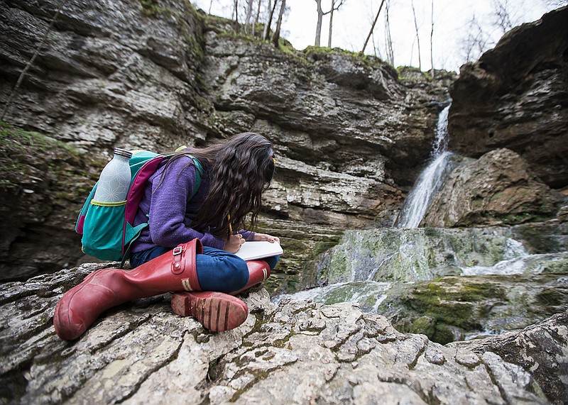 Staff photo by Troy Stolt / Lucy Hamilton, 9, draws the waterfall at the Pocket Loop Trailhead in her observation notepad on Tuesday, March 23, 2021 in Chickamauga, Georgia. Hamilton and her siblings attend a nature group once a week with other families who home school, to make observations about nature and foster curiosity.