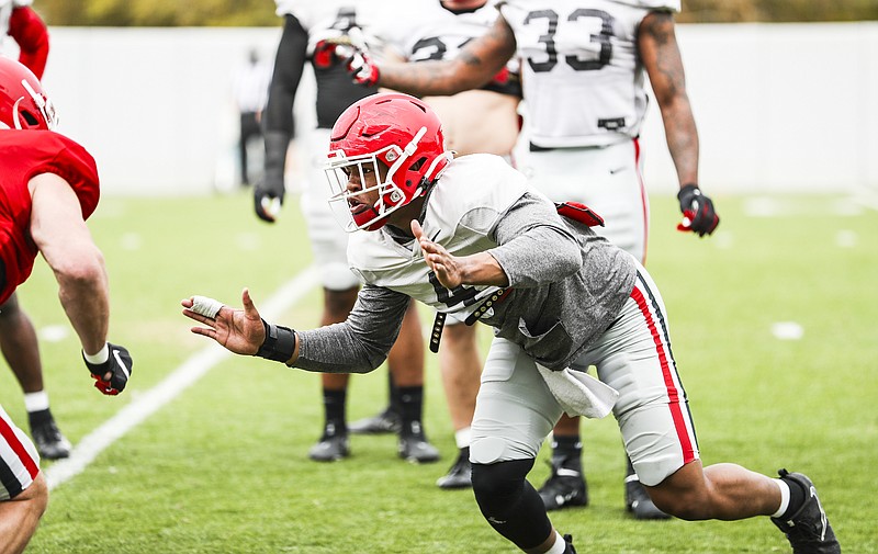 Georgia photo by Tony Walsh / Georgia junior outside linebacker Nolan Smith, shown here during a practive last week, was the nation's No. 1 signee in 2019 and enrolled early in Athens. The Bulldogs have 16 midyear enrollees this spring.