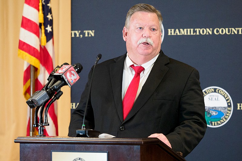 Staff photo by C.B. Schmelter/ Hamilton County Mayor Jim Coppinger speaks during a COVID-19 news conference Monday, March 29, 2021.