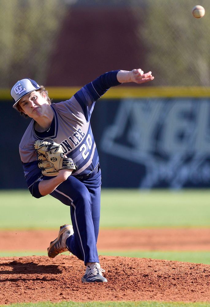 Staff Photo by Robin Rudd / Riley King (20) pitches for the Trojans. The Gordon Lee Trojans faced the South Pittsburg Pirates in the Lookout Valley Classic, at Lookout Valley High School, on April 1, 2021.
