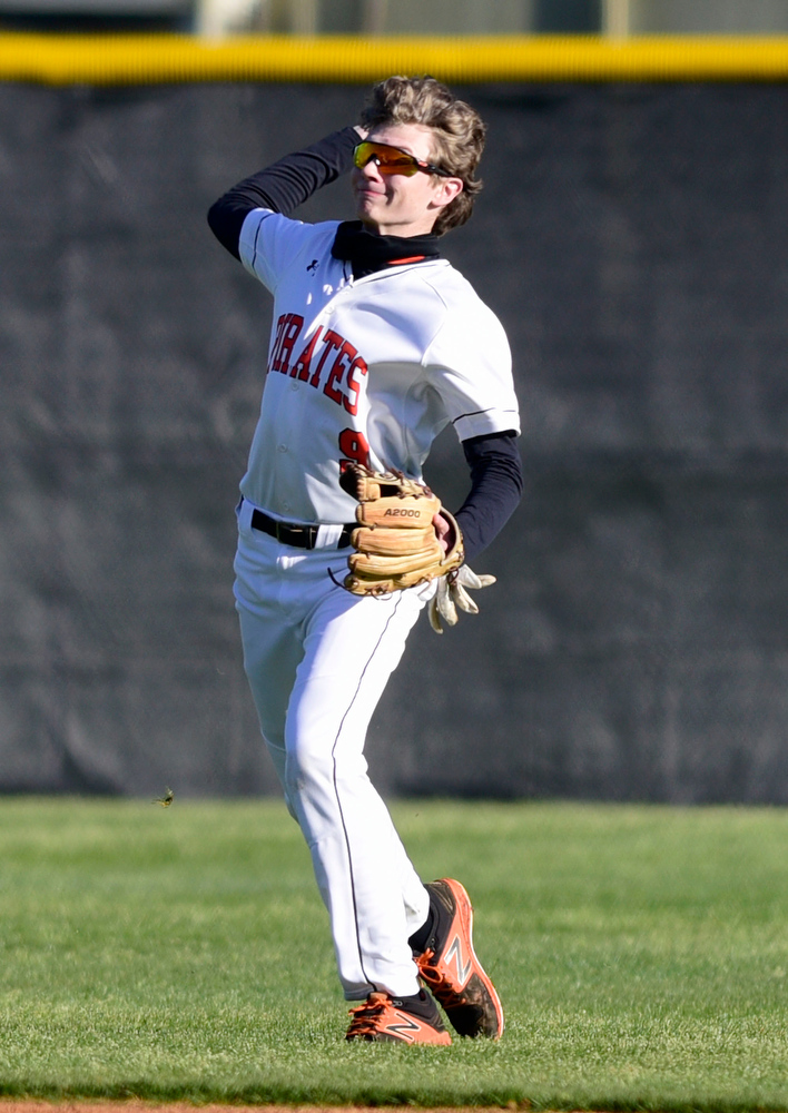 Staff Photo by Robin Rudd / Pirate centerfielder Jackson Lewis (9) throws from the outfield. The Gordon Lee Trojans faced the South Pittsburg Pirates in the Lookout Valley Classic, at Lookout Valley High School, on April 1, 2021.