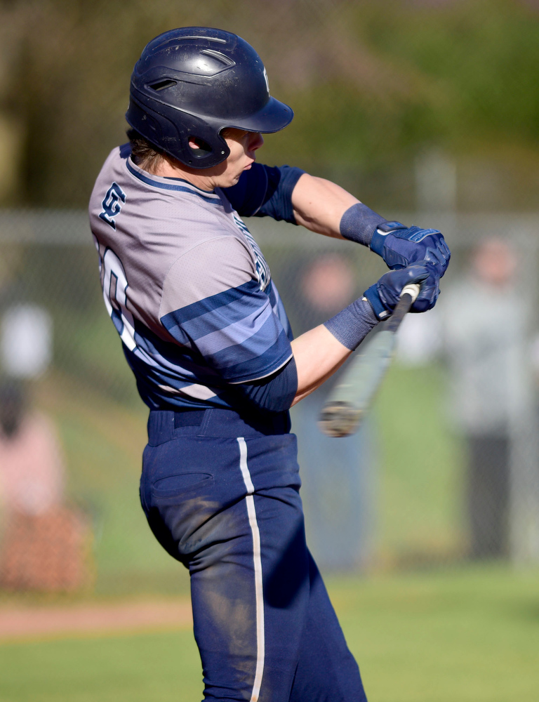Staff Photo by Robin Rudd / Gordon Lee's Cade Peterson (10) takes a cut. The Gordon Lee Trojans faced the South Pittsburg Pirates in the Lookout Valley Classic, at Lookout Valley High School, on April 1, 2021.
