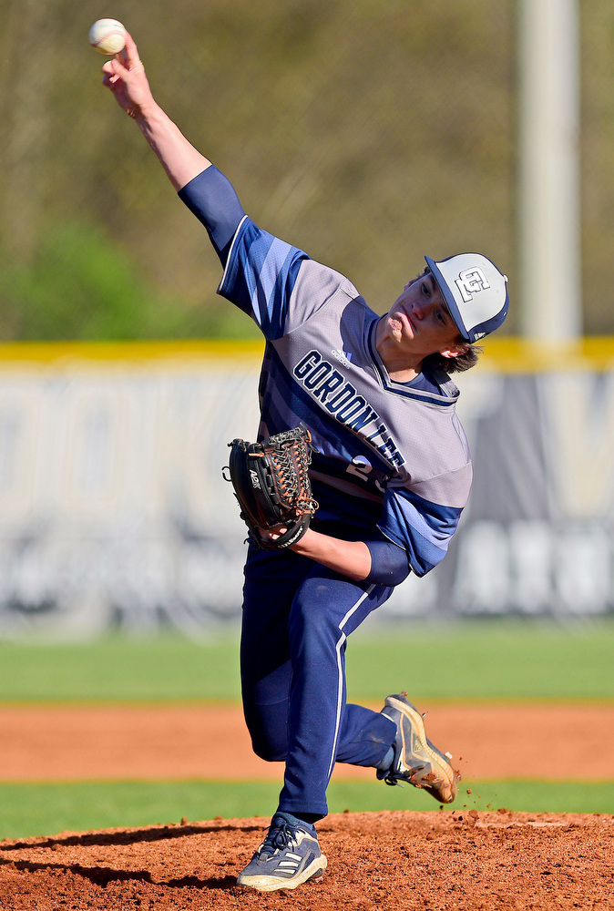 Staff Photo by Robin Rudd / Tanner Wilson (23) pitches for the Trojans. The Gordon Lee Trojans faced the South Pittsburg Pirates in the Lookout Valley Classic, at Lookout Valley High School, on April 1, 2021.