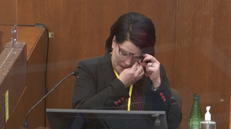 In this image from video, witness Courteney Ross answers questions as Hennepin County Judge Peter Cahill presides Thursday, April 1, 2021, in the trial of former Minneapolis police Officer Derek Chauvin at the Hennepin County Courthouse in Minneapolis, Minn. Chauvin is charged in the May 25, 2020 death of George Floyd. (Court TV via AP, Pool)