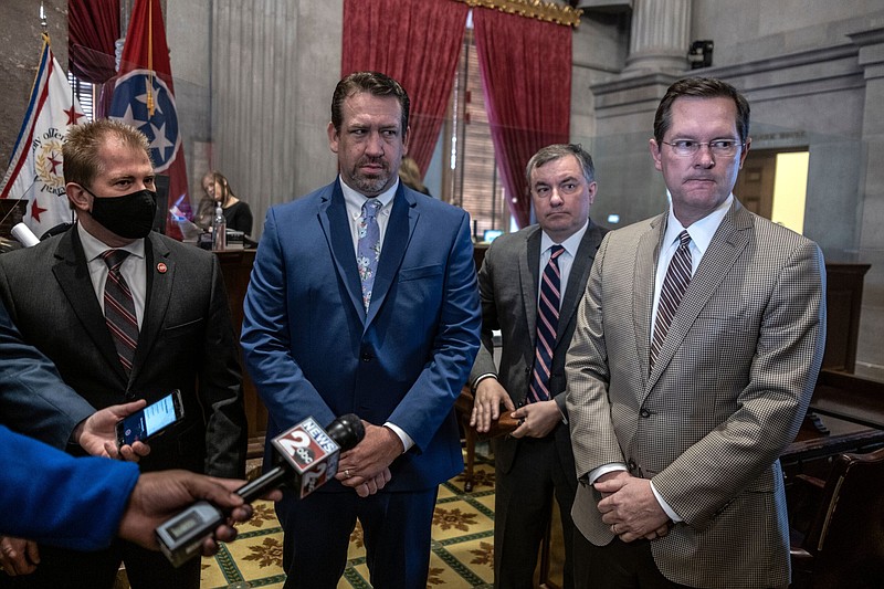 House Republican Caucus leadership, from left: House Majority Leader William Lamberth, Caucus Chair Jeremy Faison, Assistant Majority Leader Ron Gant, and Speaker of the House Cameron Sexton. (Photo: John Partipilo)