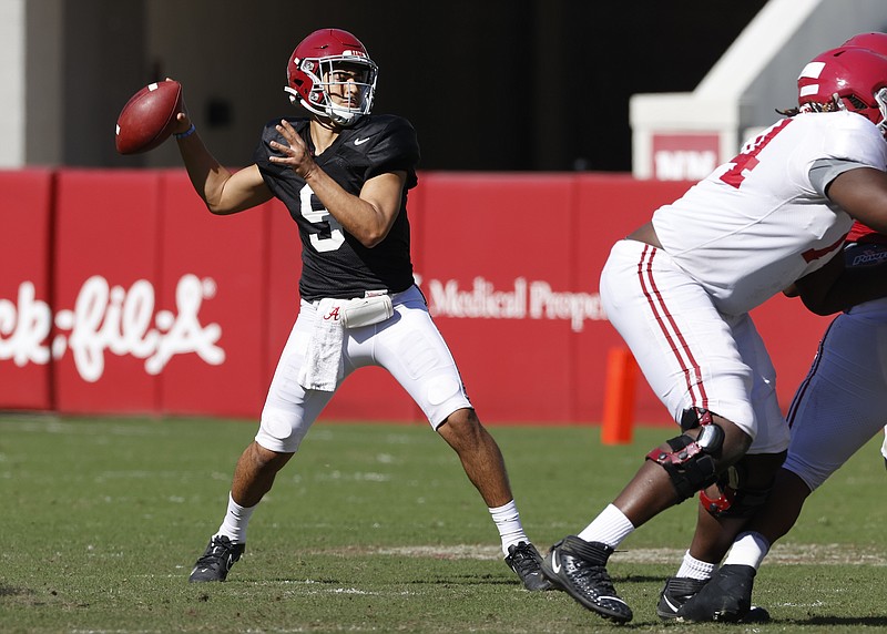 Alabama photo by Kent Gidley / Alabama sophomore quarterback Bryce Young prepares to throw during Friday's spring scrimmage in Tuscaloosa.