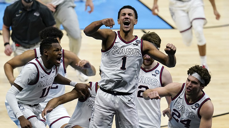 AP photo by Michael Conroy / Gonzaga guard Jalen Suggs (1) celebrates after making the winning shot against UCLA at the end of overtime during their Final Four game Saturday night at Lucas Oil Stadium in Indianapolis. Gonzaga won 93-90.