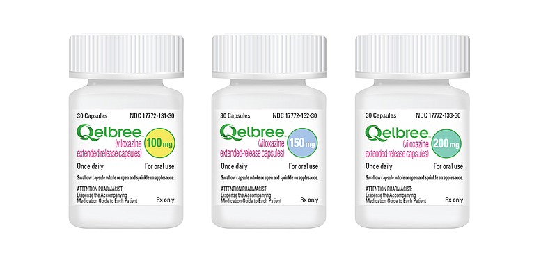 This undated image provided by Supernus Pharmaceuticals in April 2021 shows bottles for different dosages of the drug Qelbree. On Friday, April 2, 2021, the U.S. Food and Drug Administration approved the medication for treating attention deficit hyperactivity disorder in children ages six through 17. (Supernus Pharmaceuticals via AP)