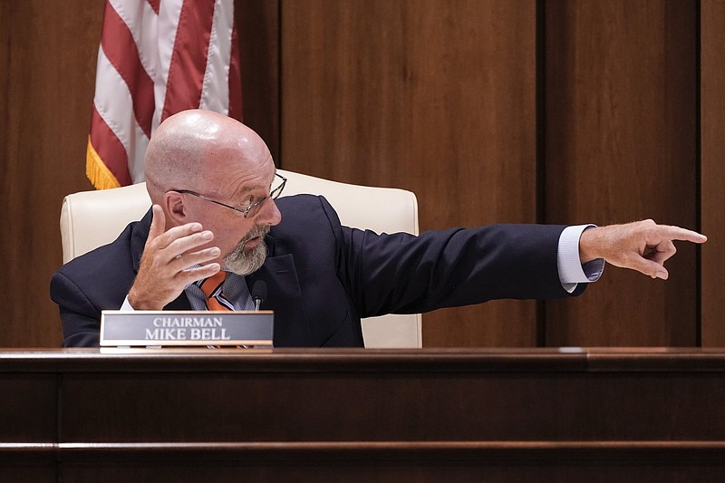 Chairman Mike Bell, R-Riceville, leads a meeting of the Senate Judiciary Committee Tuesday, Aug. 11, 2020, in Nashville, Tenn. The special session was called by Tennessee Gov. Bill Lee to pass liability reforms to protect businesses from lawsuits prompted by reopening after the coronavirus quarantine. (AP Photo/Mark Humphrey)