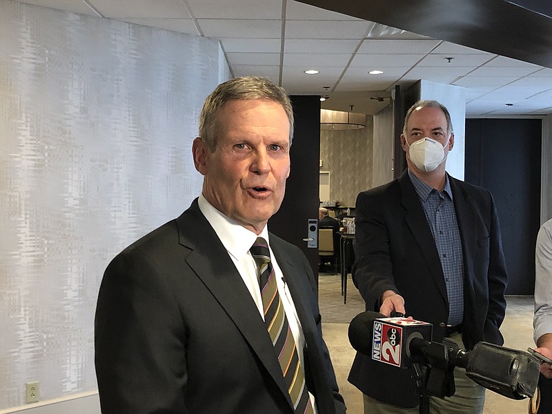 Tennessee Gov. Bill Lee speaks with reporters Tuesday, April 6, 2021, following speech to the Tennessee Chamber of Commerce and Industry. (Photo by Andy Sher/Times Free Press)