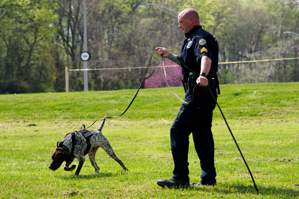 Staff photo by C.B. Schmelter / Chattanooga Police Department Sgt. Sean O'Brien runs a demonstration search for a firearm with K9 Gunther during a press conference at the Tennessee Riverpark on Wednesday, April 7, 2021 in Chattanooga, Tenn.