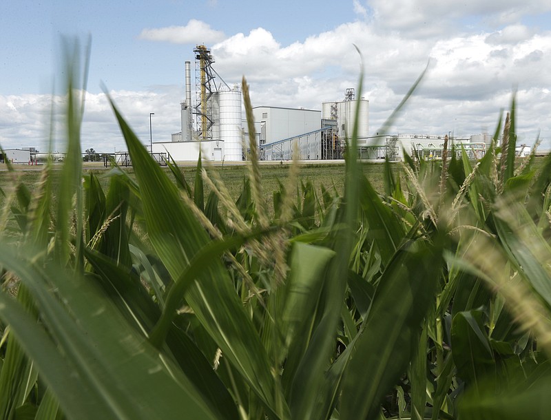 FILE - In this July 20, 2013, file photo, an ethanol plant stands next to a cornfield near Nevada, Iowa. The president and auto industry maintain the nation is on the cusp of a gigantic shift to electric vehicles and away from liquid-fueled cars, but biofuels producers and some of their supporters in Congress aren't buying it. They argue that now is the time to increase sales of ethanol and biodiesel, not abandon them. (AP Photo/Charlie Riedel, File)