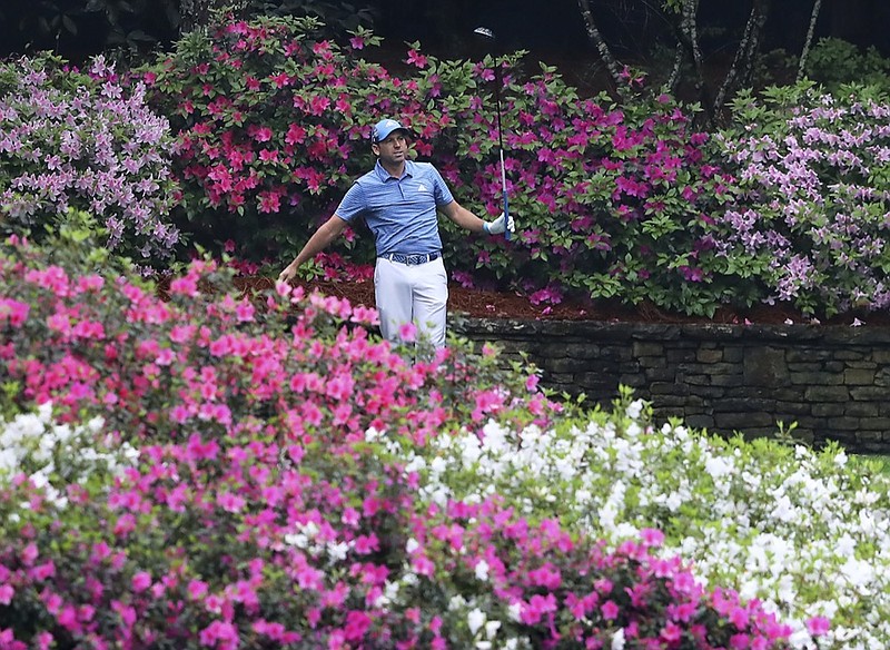 Defending Masters champion Sergio Garcia, of Spain, watches his drive from the tee box on the 13th hole during a practice round for the Masters golf tournament at Augusta National Golf Club in Augusta, Ga., Wednesday, April 4, 2018 (Curtis Compton/Atlanta Journal-Constitution via AP)