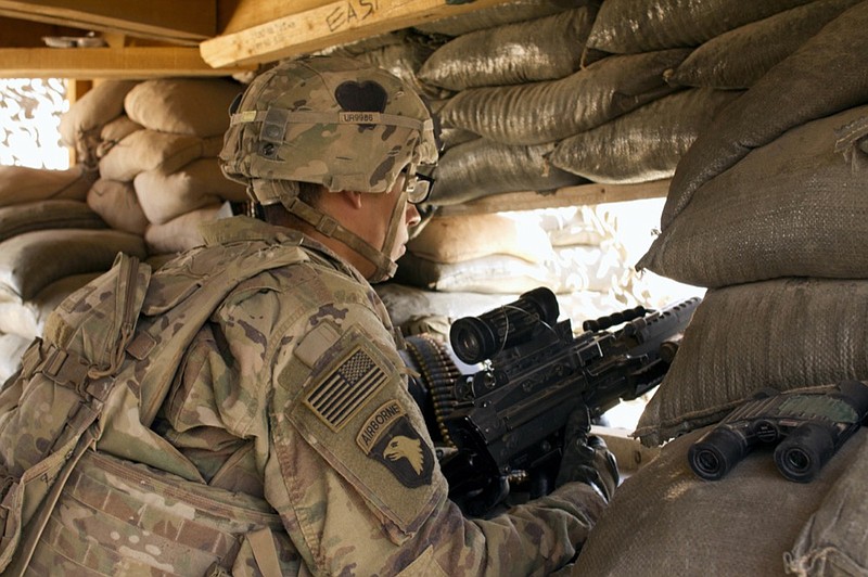 FILE - In this Sept. 8, 2016 file photo, a U.S. Army soldier guards a position at Camp Swift, northern Iraq. (AP Photo/Susannah George, File)


