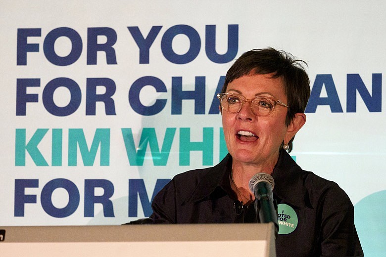 Staff File Photo By C.B. Schmelter / Mayoral candidate Kim White speaks to supporters following the March 2 primary election at The Westin hotel.