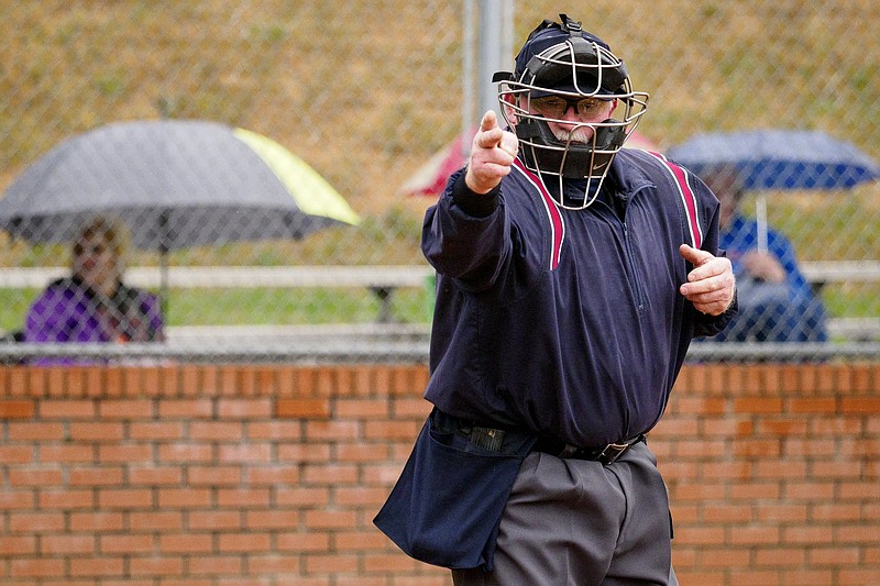 Staff photo by C.B. Schmelter / Prep baseball umpire Jeff Keen calls a strike during a game between Cedartown and host Northwest Whitfield on March 23 in Tunnel Hill, Ga.