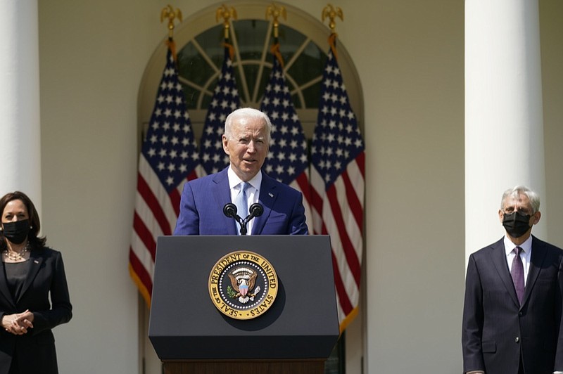 President Joe Biden, accompanied by Vice President Kamala Harris, and Attorney General Merrick Garland, speaks about gun violence prevention in the Rose Garden at the White House, Thursday, April 8, 2021, in Washington. (AP Photo/Andrew Harnik)


