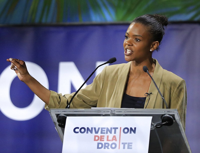 Candace Owens gestures as she speaks at the Convention of the Right, in Paris, Saturday, Sept. 28, 2019. (AP Photo/Michel Euler)